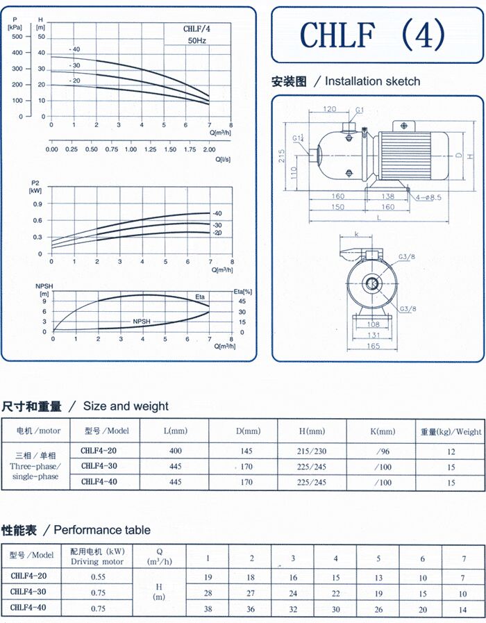 CHLF輕型立式不銹鋼多級離心泵安裝圖、尺寸、性能