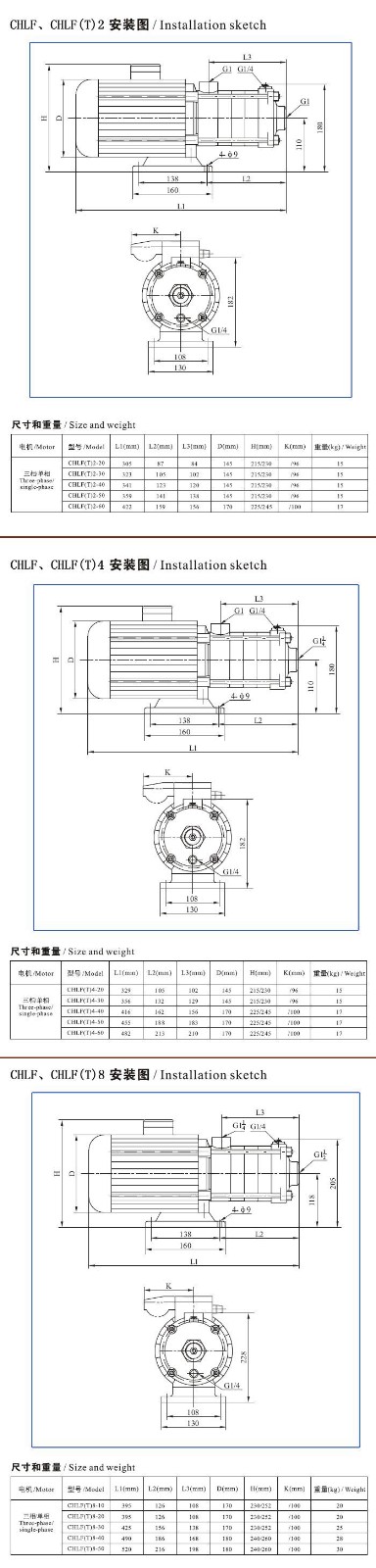 CHLF(T)輕型不銹鋼多級(jí)離心泵安裝圖、尺寸及重量