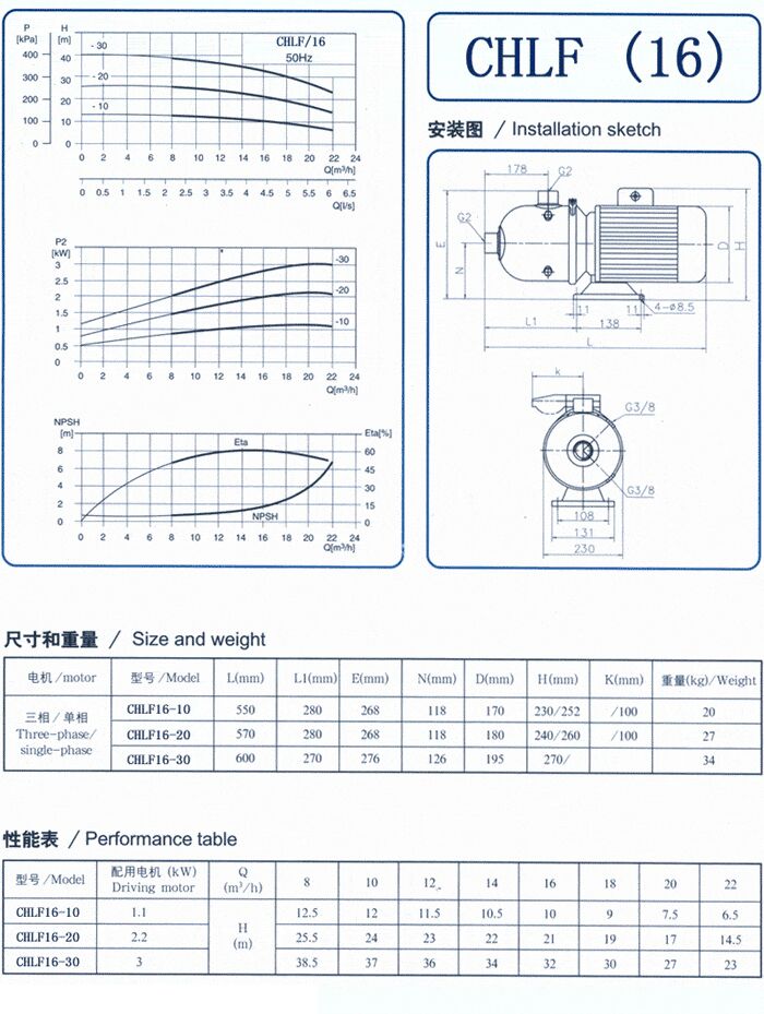 CHLF輕型不銹鋼多級(jí)離心泵尺寸和重量、性能表